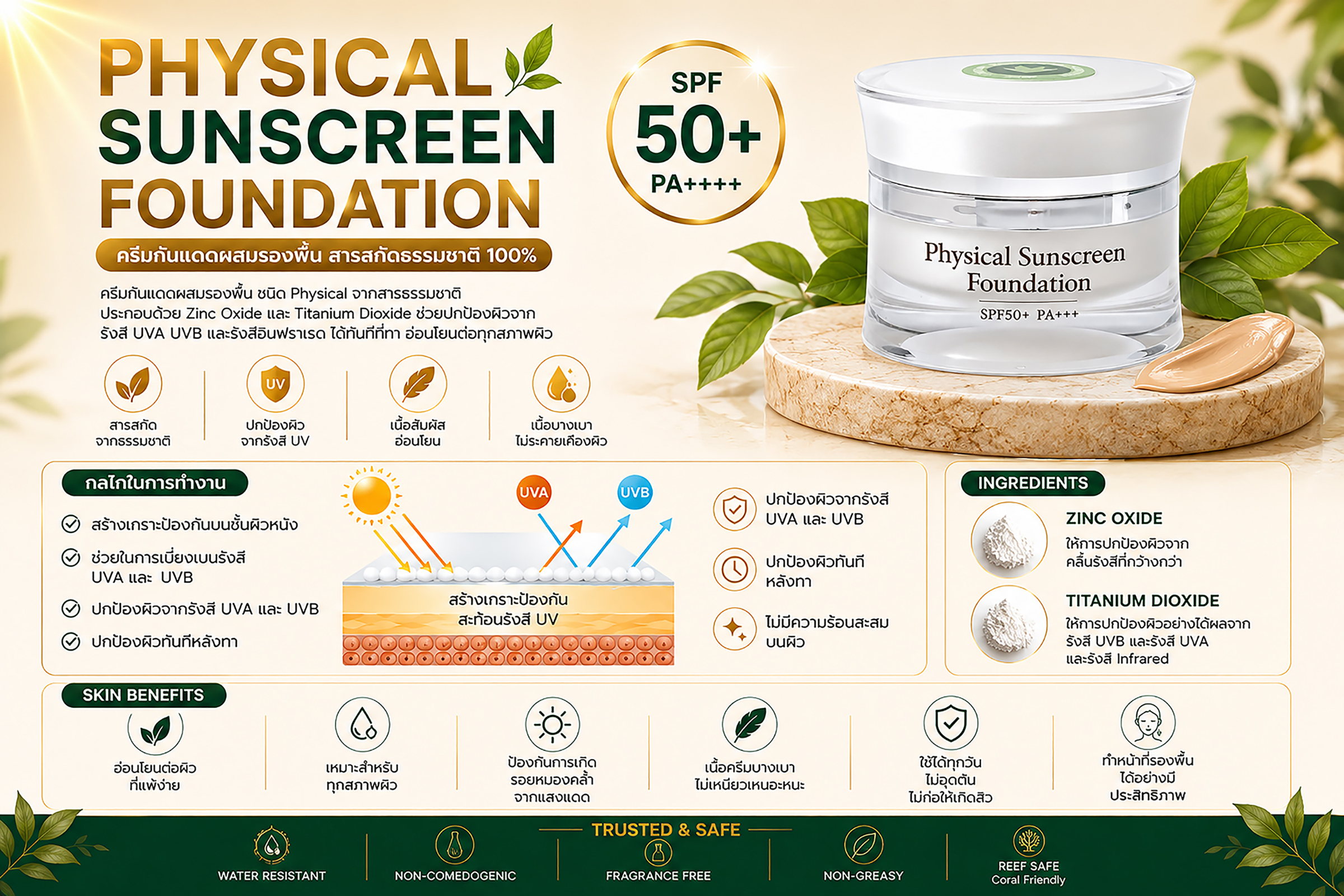 ครีมกันแดดผสมรองพื้นแบบPhysical SPF 50+++ / PA++++